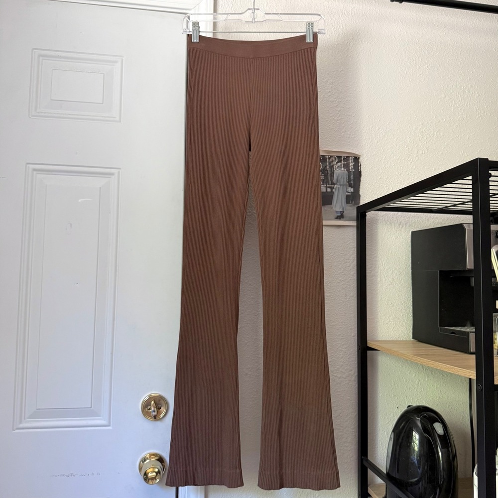 AYA MUSE tan dark mustard rib ribbed knit stretchy pull on straight leg pants